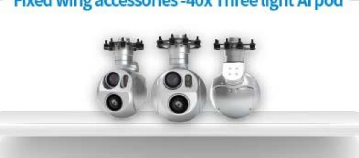 Three optical sensor pods in a row — visible-light, thermal, and AI vision payloads.