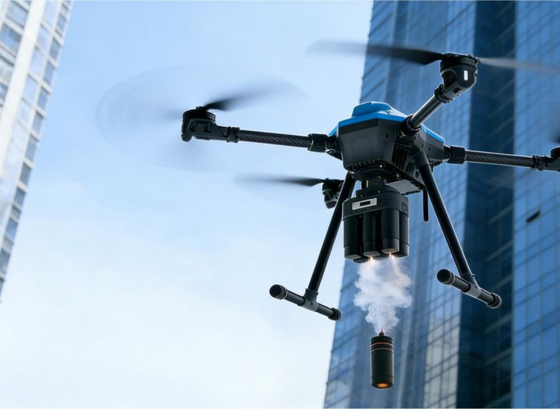 Industrial multi-rotor inspection drone in flight near a steel-glass tower.