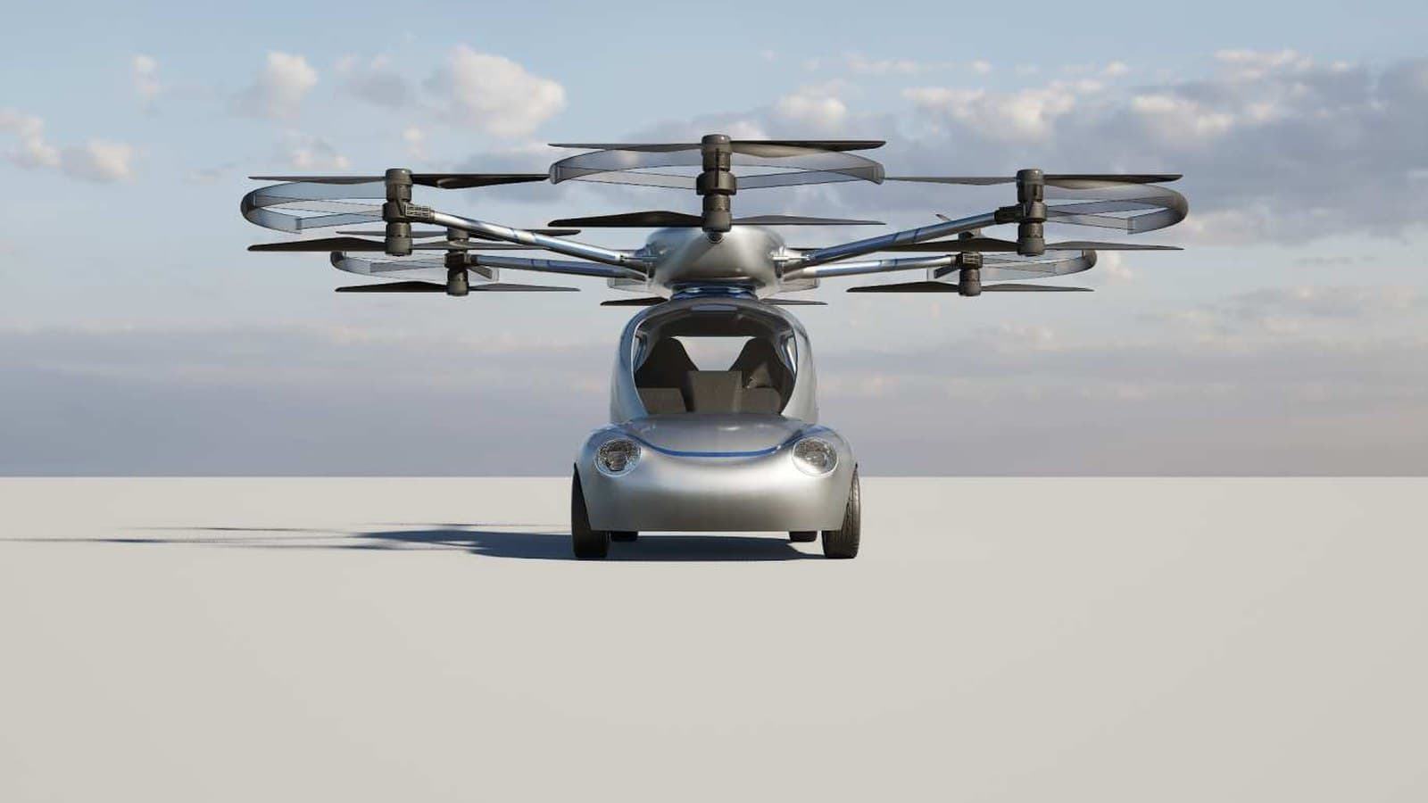 Silver eVTOL flying vehicle concept render — the Smart Pilot platform extends across drones, eVTOL, and AMR.